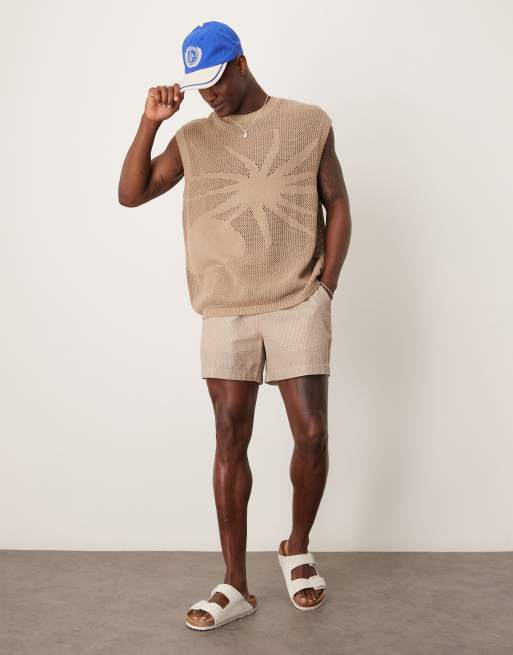 ASOS DESIGN oversized crochet knitted vest with sun embroidery in khaki