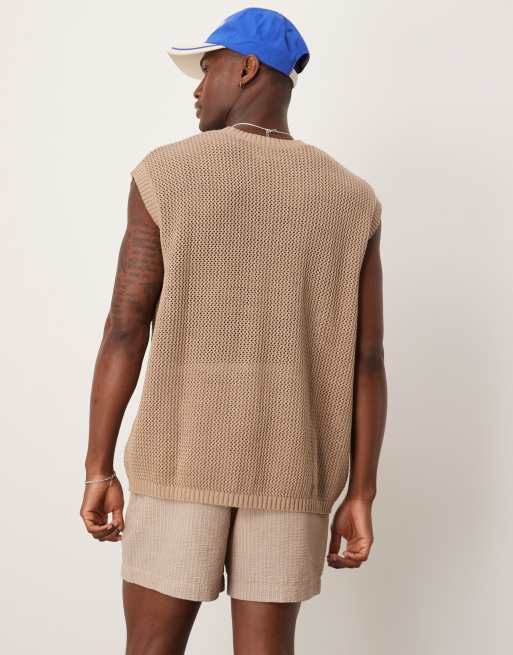 ASOS DESIGN oversized crochet knitted vest with sun embroidery in khaki