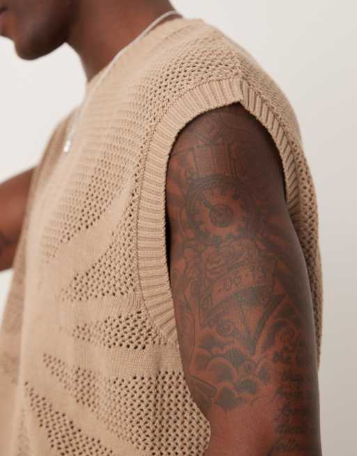 ASOS DESIGN oversized crochet knitted vest with sun embroidery in khaki