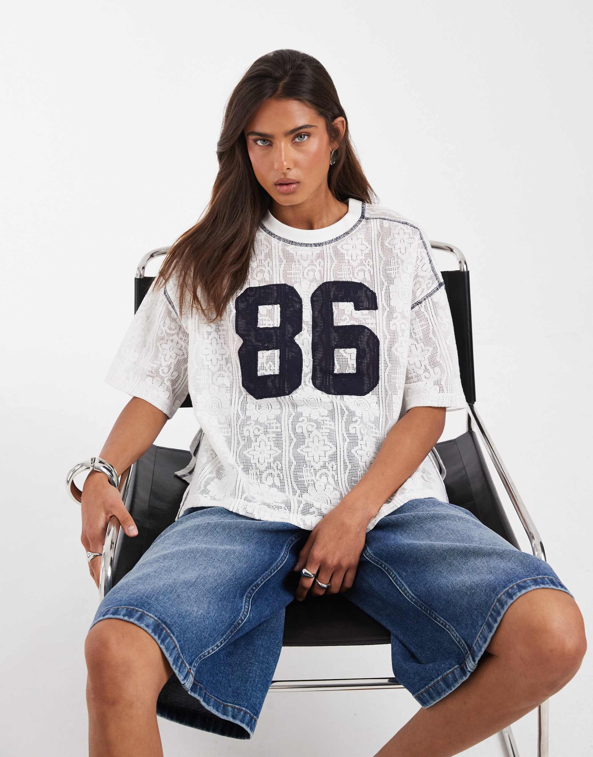 asos design oversized crochet lace t-shirt with sporty number graphic  in cream