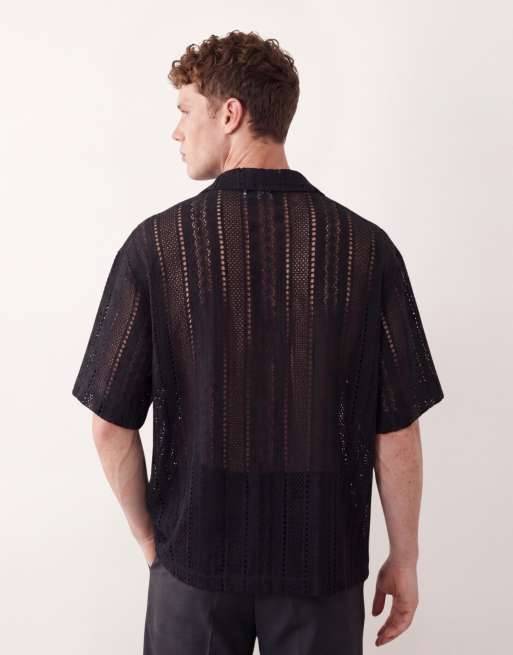 ASOS DESIGN oversized crochet revere shirt in black, 5 of 5