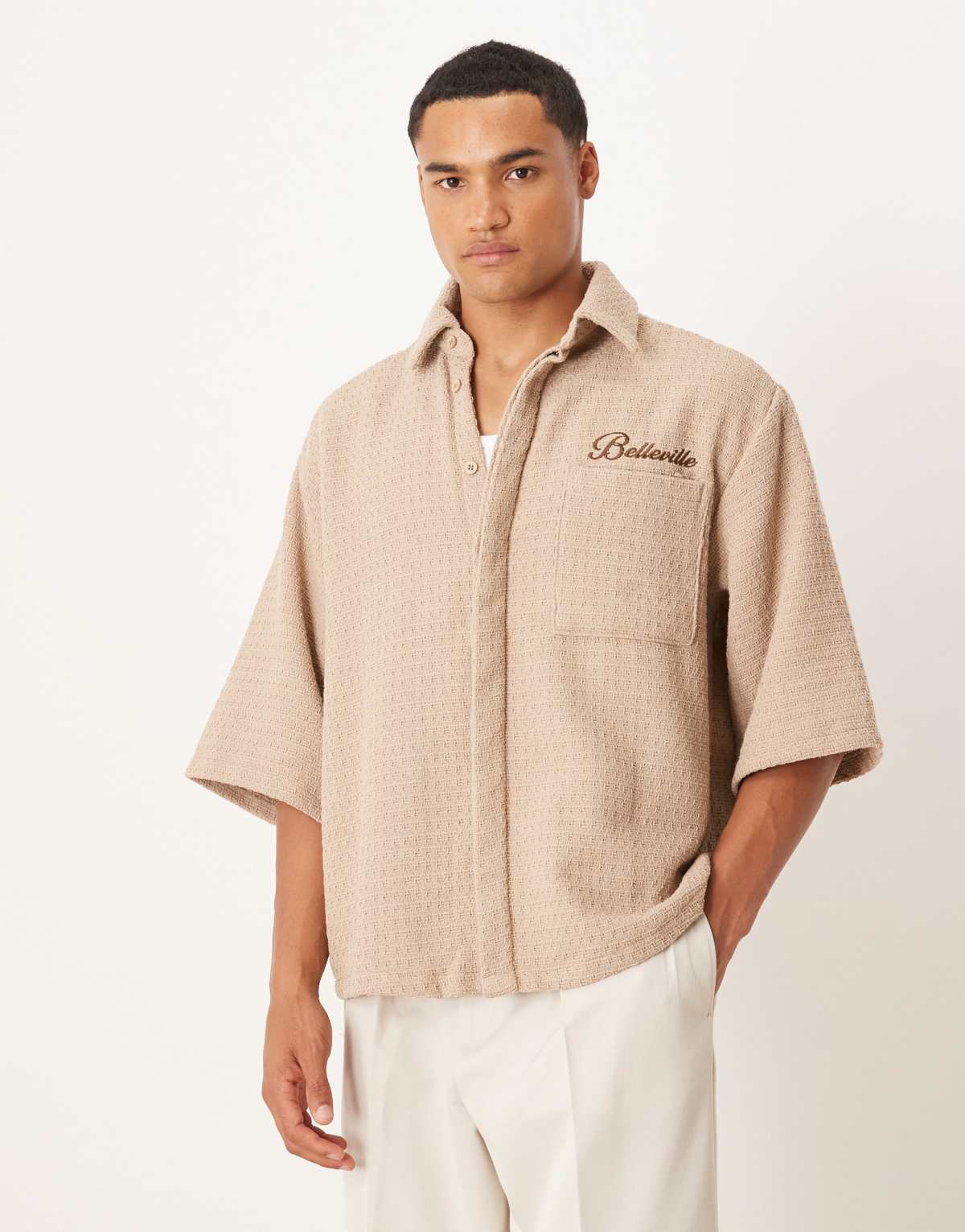 ASOS DESIGN oversized crochet shirt with half sleeve and embroidery in tan