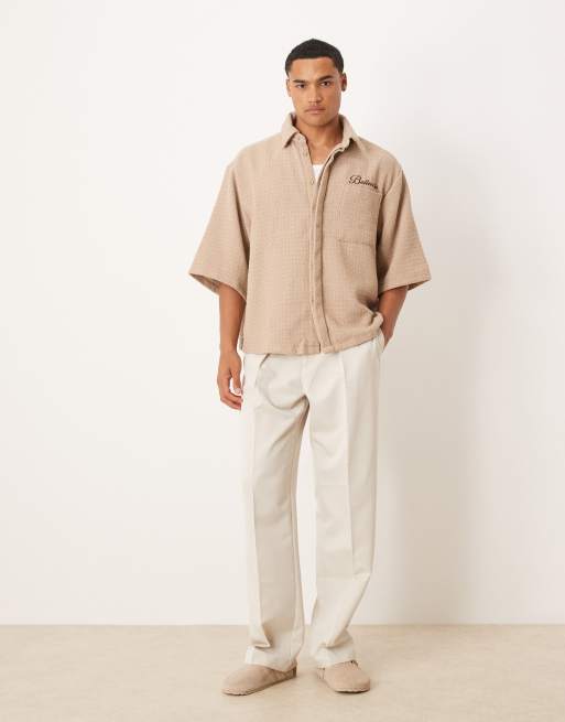 ASOS DESIGN oversized crochet shirt with half sleeve and embroidery in tan  , 2 of 4