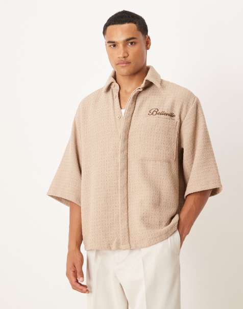 ASOS DESIGN oversized crochet shirt with half sleeves and embroidery in tan - view 1