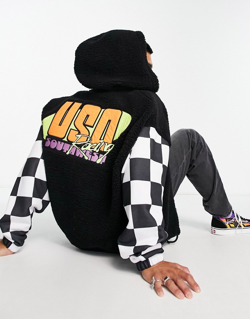 ASOS DESIGN oversized crop borg hoodie with checkerboard sleeve and back city text badge-Black