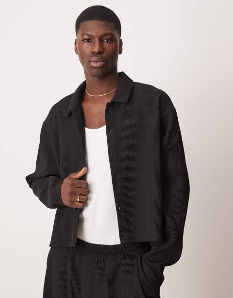 ASOS DESIGN oversized crop plisse shirt in black (part of a set) - view 1