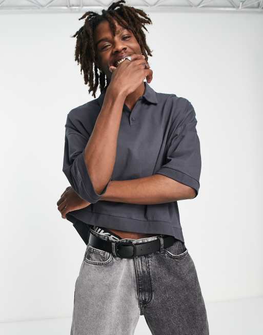 ASOS DESIGN oversized crop polo with stepped hem in washed black, 4 of 4