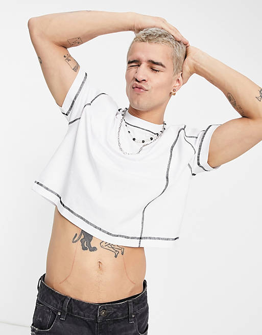 St Modig lunken ASOS DESIGN oversized crop t-shirt in white with black contrast stitching |  ASOS