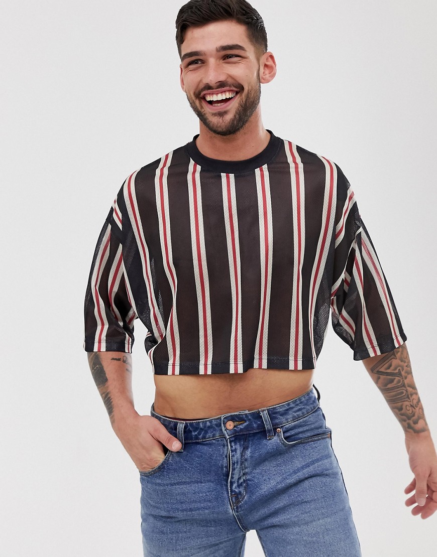 ASOS DESIGN oversized crop t-shirt with mesh vertical stripe-Navy