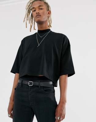 ASOS DESIGN oversized crop t-shirt with mid sleeve and high neck in black