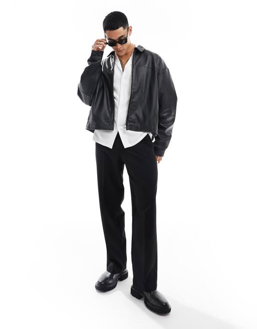 ASOS DESIGN - Oversized cropped coachjack van echt leer in zwart