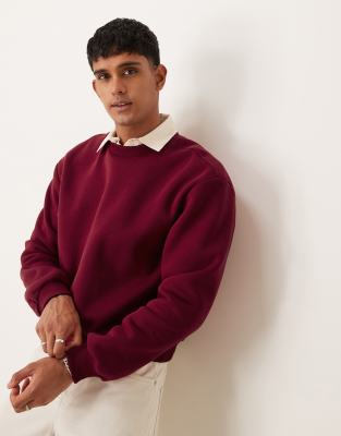 oversized cropped crew neck sweatshirt in burgundy-Red