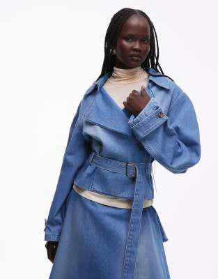 Asos Design Oversized Cropped Denim Trench Coat In Blue