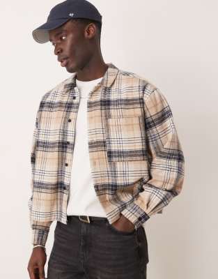 Asos Design Oversized Cropped Flannel Shirt In Beige Plaid-multi