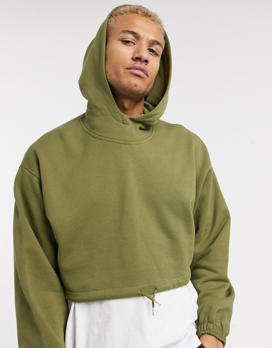 ASOS DESIGN oversized cropped gathered hem hoodie in dark khaki-Green
