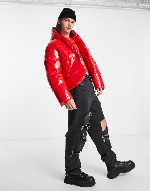 ASOS DESIGN oversized cropped hi shine puffer jacket in red ASOS