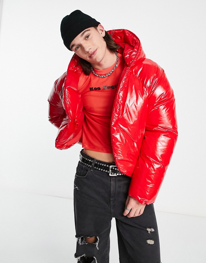 Asos Design Oversized Cropped High Shine Puffer Jacket In Red