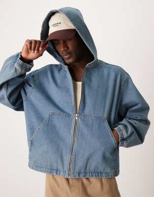 oversized cropped hooded denim jacket in mid wash blue