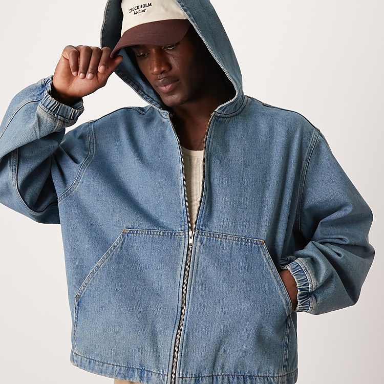 ASOS DESIGN oversized cropped hooded denim jacket in mid ASOS DESIGN oversized cropped hooded denim jacket in mid