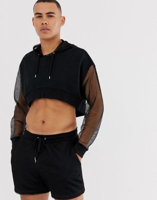 ASOS DESIGN - Oversized cropped hoodie met mouwen van mesh in zwart, combi-set