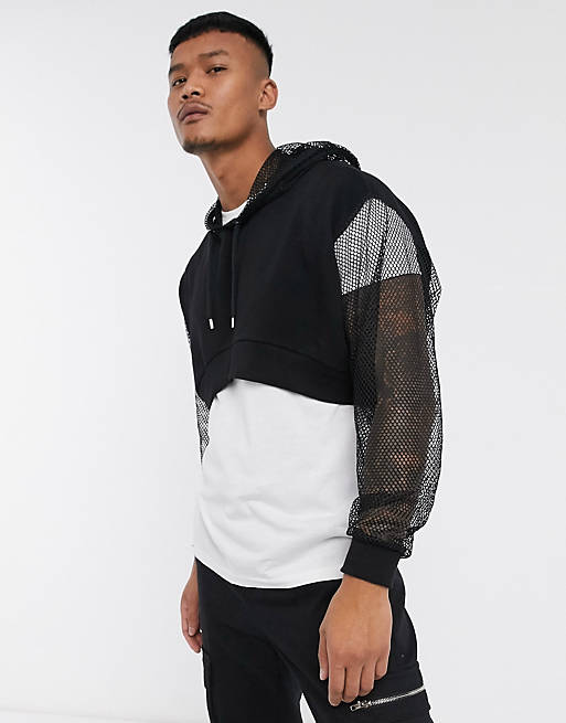 ASOS DESIGN oversized cropped hoodie with mesh sleeve and hood in black