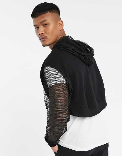 ASOS DESIGN oversized cropped hoodie with mesh sleeve and hood in black