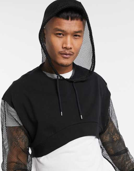 ASOS DESIGN oversized cropped hoodie with mesh sleeve and hood in black