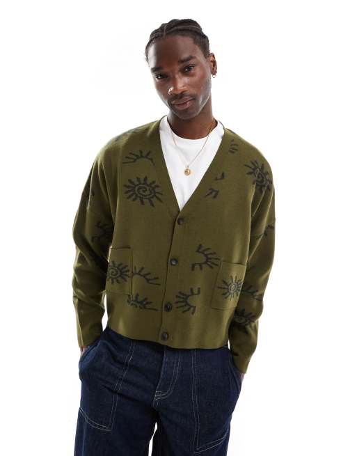 ASOS DESIGN oversized cropped knit cardigan with contrast pattern in green