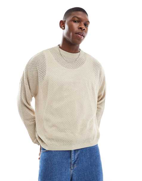 ASOS DESIGN oversized cropped knitted jumper with stitch detail in ecru - view 1