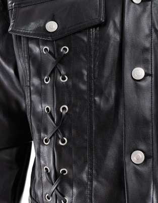 Asos Design Oversized Cropped Leather Look Jacket With Lace Up Details In Black