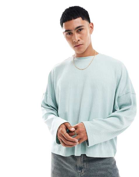 ASOS DESIGN oversized cropped long sleeve t-shirt in green rib - view 1
