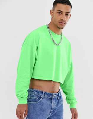 ASOS DESIGN oversized cropped long sleeve t-shirt in washed neon green ...