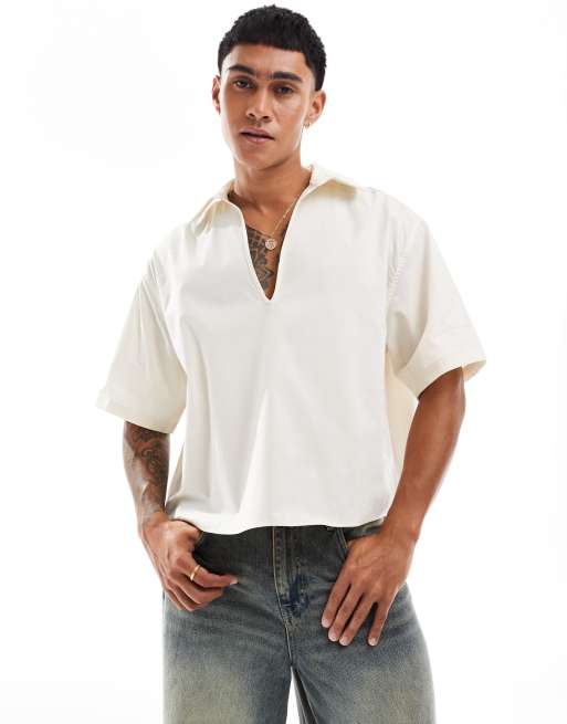 ASOS DESIGN - Oversized cropped overhemd met reverskraag in beige
