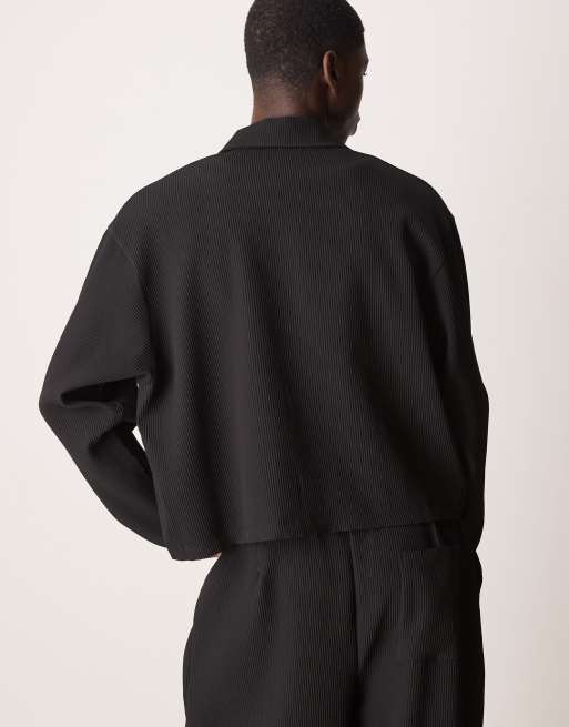 ASOS DESIGN - Oversized cropped plissé overhemd in zwart, deel van co-ord set , 4 van 4