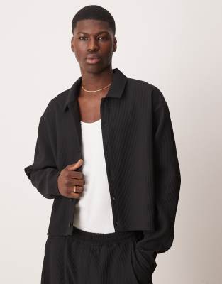 Asos Design Oversized Cropped Plisse Shirt In Black