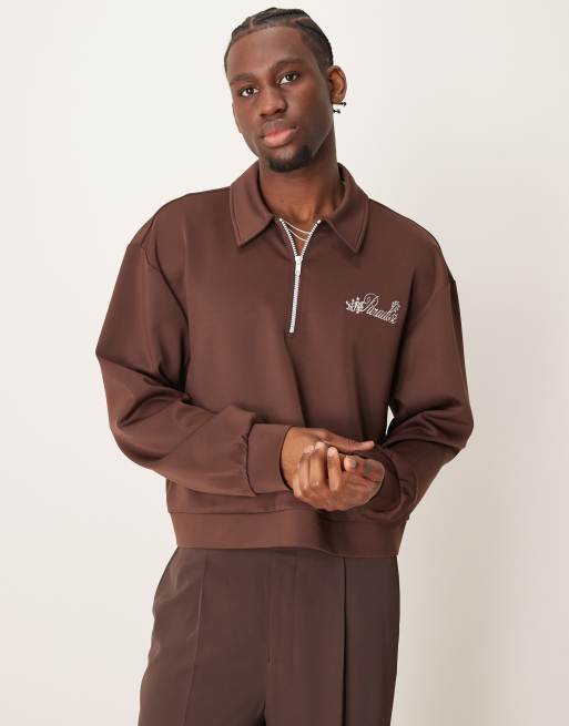 ASOS DESIGN oversized cropped polo sweatshirt in scuba-style fabric with chest embroidery in brown, 2 of 4