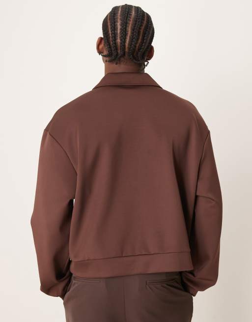 ASOS DESIGN oversized cropped polo sweatshirt in scuba-style fabric with chest embroidery in brown, 3 of 4
