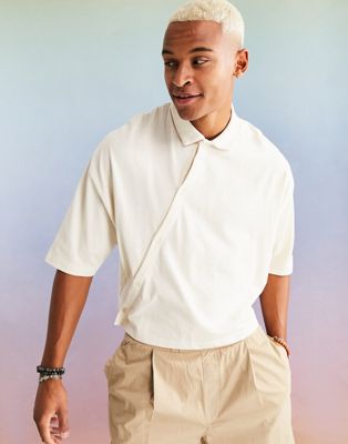ASOS DESIGN oversized cropped polo with asymettric placket in beige