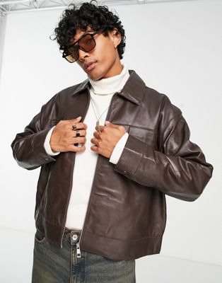 ASOS DESIGN oversized cropped real leather harrington jacket in brown