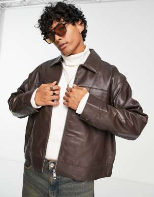 ASOS DESIGN oversized cropped real leather harrington jacket in brown - ASOS Price Checker