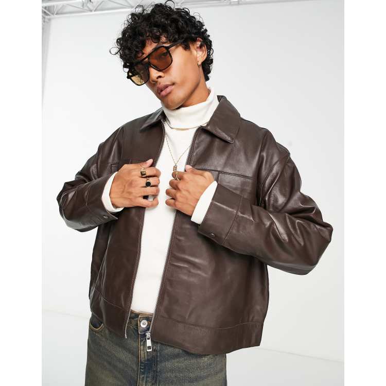 ASOS DESIGN oversized cropped real leather harrington jacket in brown