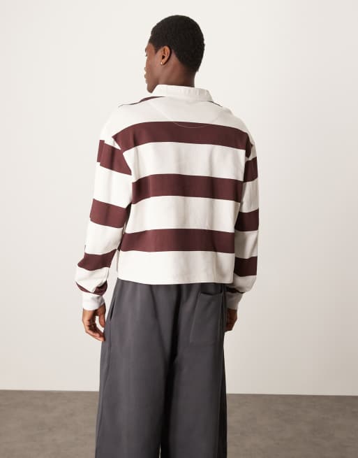 ASOS DESIGN oversized cropped rugby polo jumper in burgundy stripe, 4 of 4
