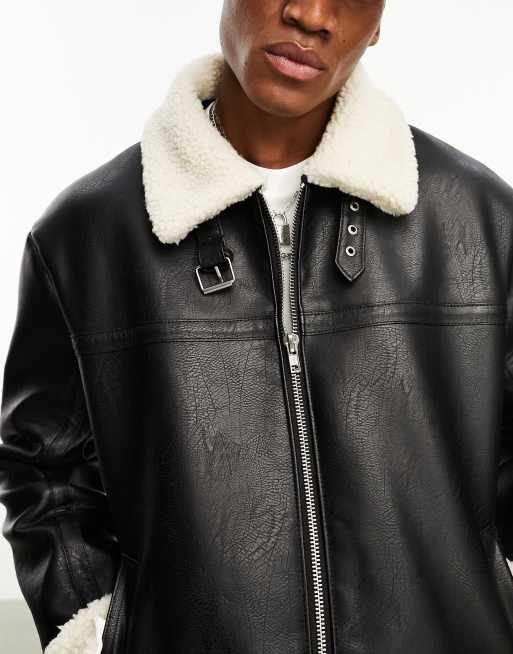 ASOS DESIGN oversized cropped shearling jacket in black