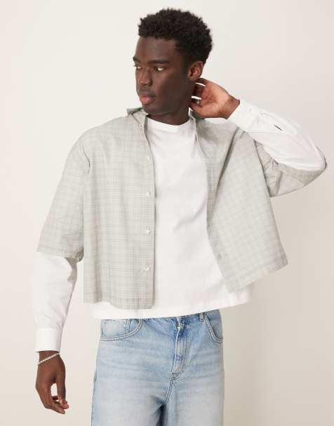 ASOS DESIGN oversized cropped shirt with double layer sleeves in grey check - view 1