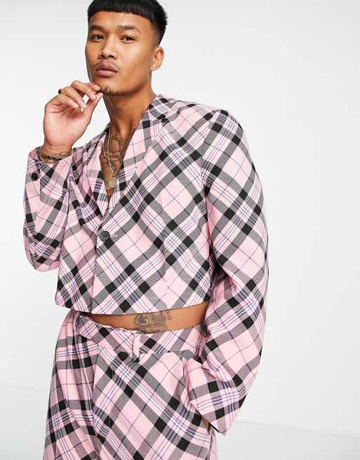 ASOS DESIGN oversized cropped soft tailored suit jacket with bias tartan check in pink ASOS