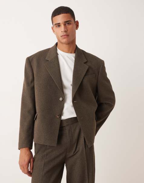 ASOS DESIGN oversized cropped suit jacket in brown - view 1