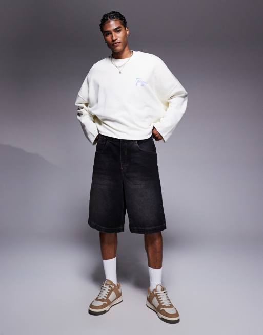 ASOS DESIGN oversized cropped sweatshirt with raw hem and chest print in white
