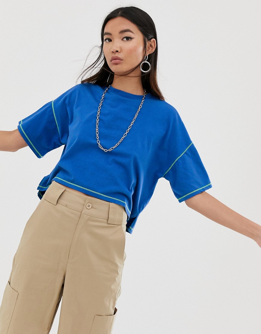 ASOS DESIGN Oversized Cropped T-shirt i kobolt med kontrastsøm-Blå