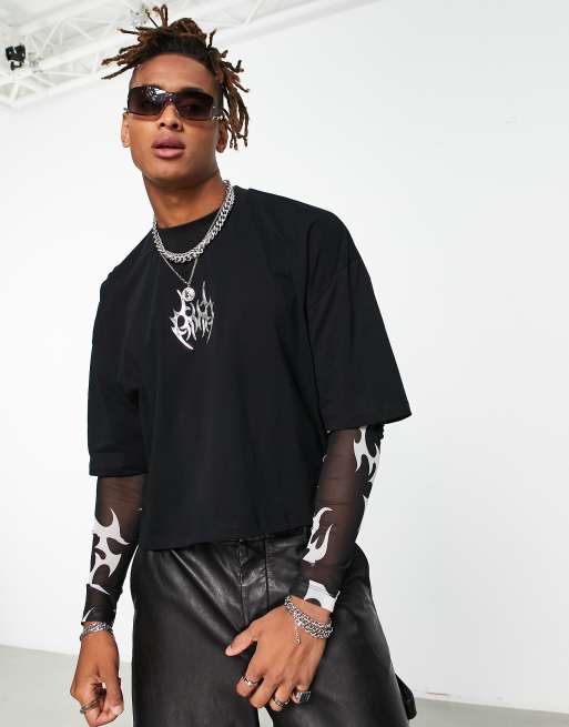 Crop T Shirt Men
 ASOS DESIGN oversized cropped t shirt in black with printed mesh