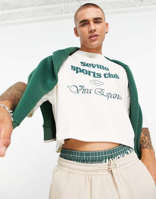 ASOS DESIGN oversized cropped T shirt in off white with sports club front print